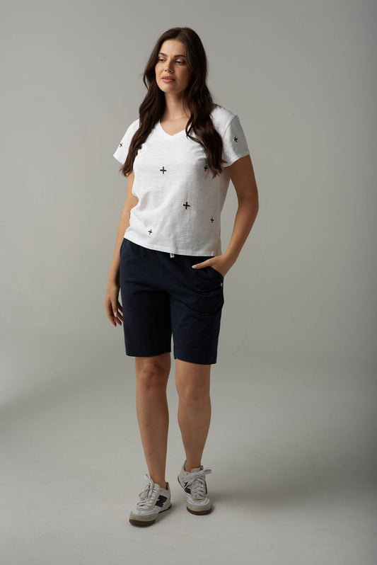 Cross Embroidered V Neck Tee