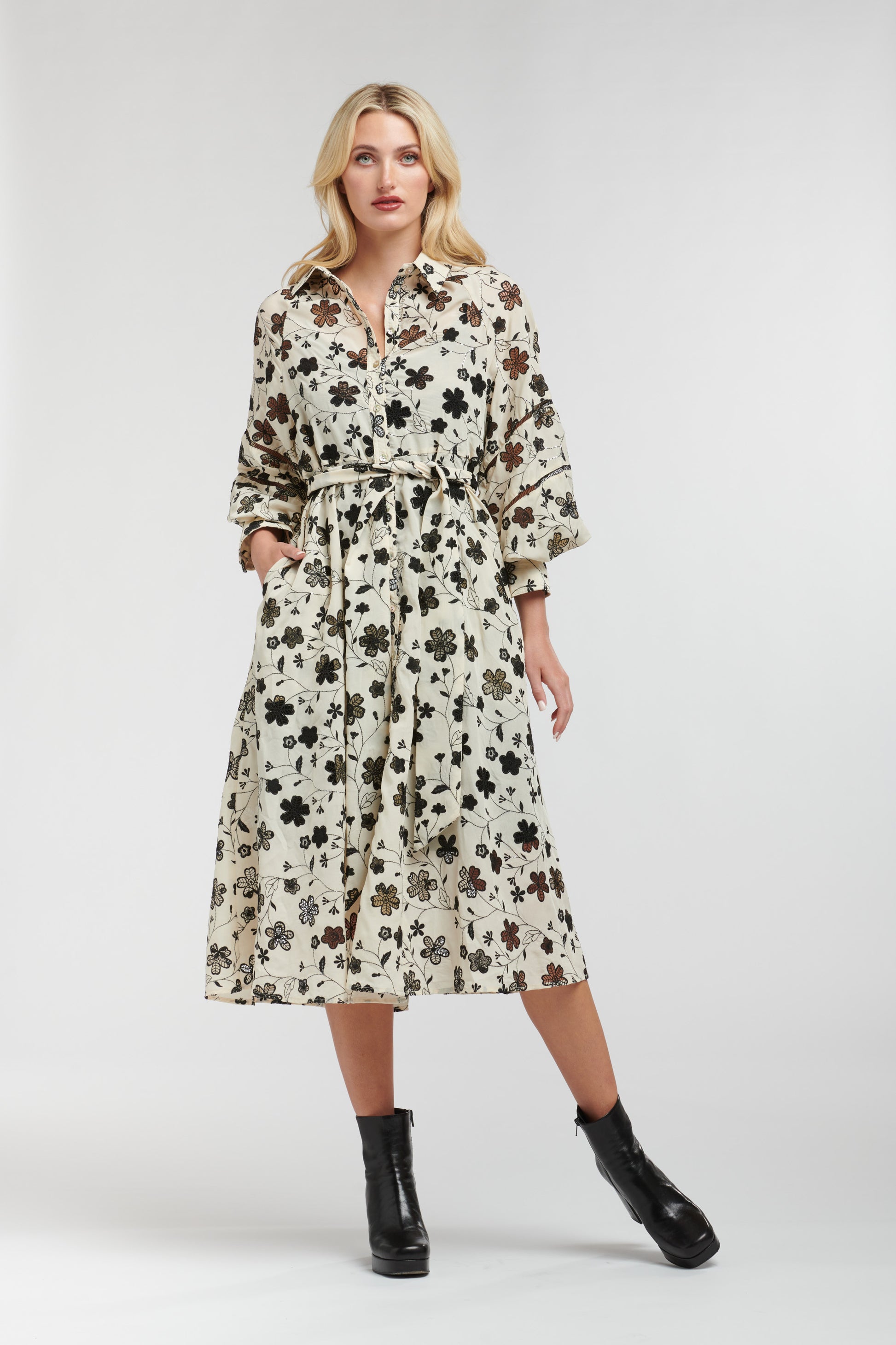 Floral Print One-Piece Dress Ankle Length - White, Black, and Grey