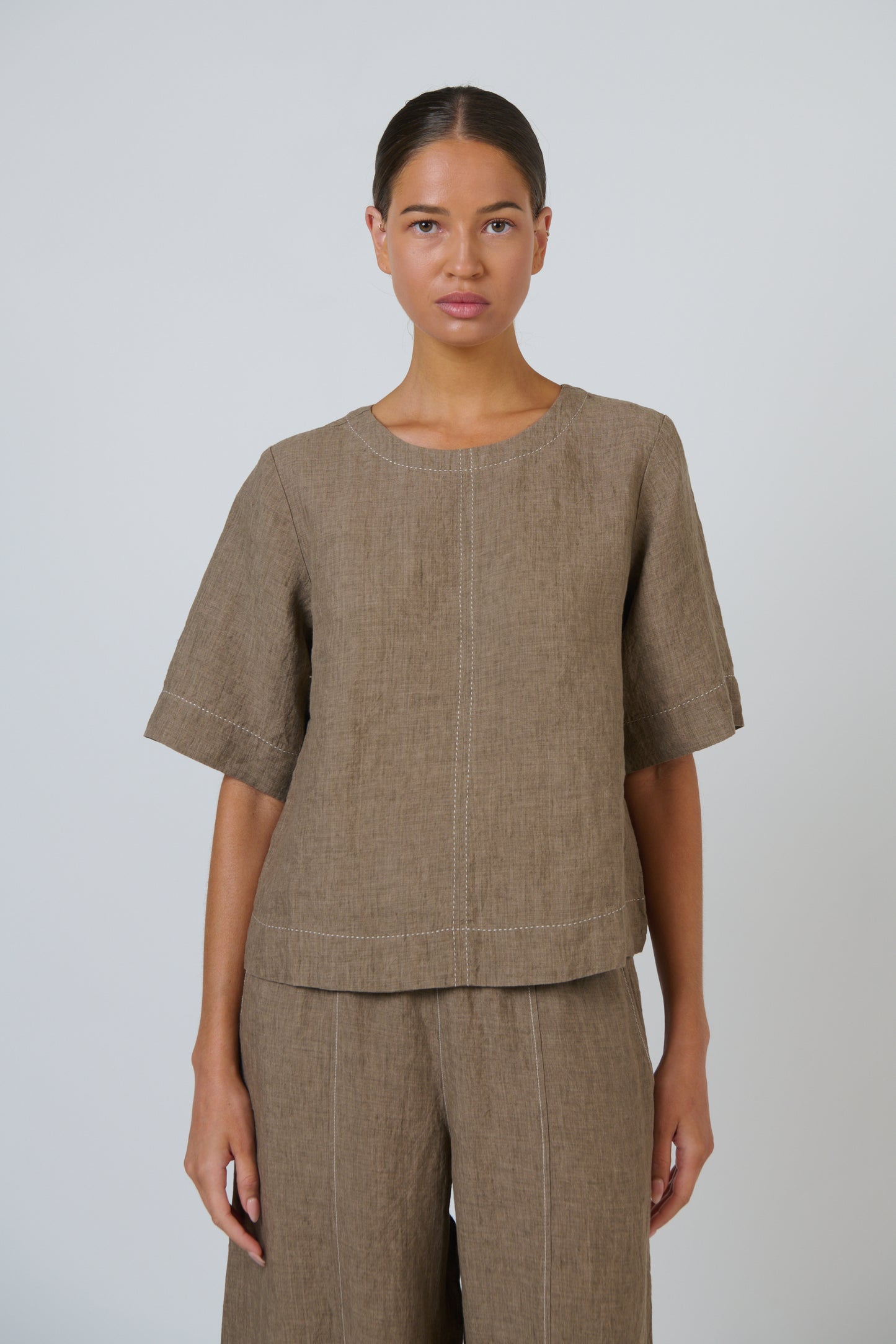 Contrast Topstitch Linen Top