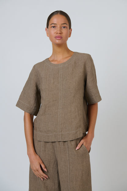 Contrast Topstitch Linen Top