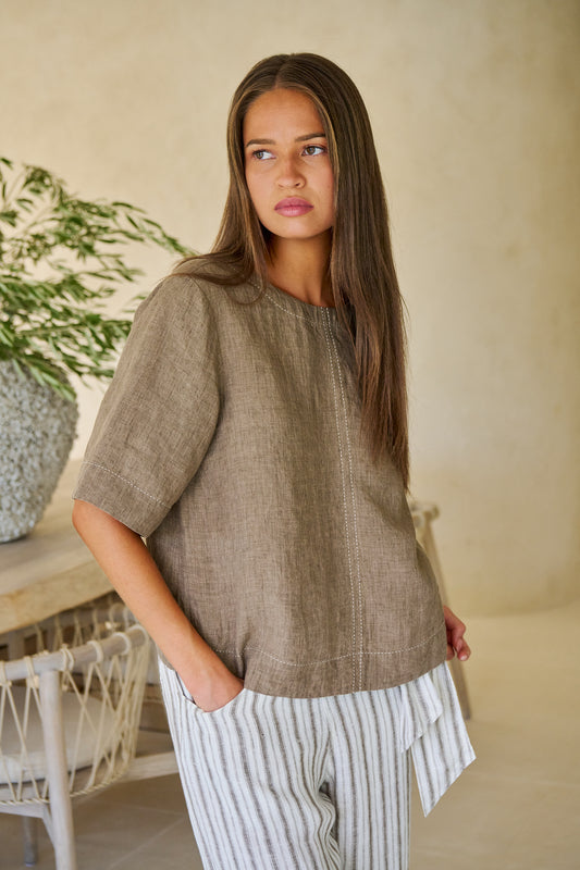 Contrast Topstitch Linen Top