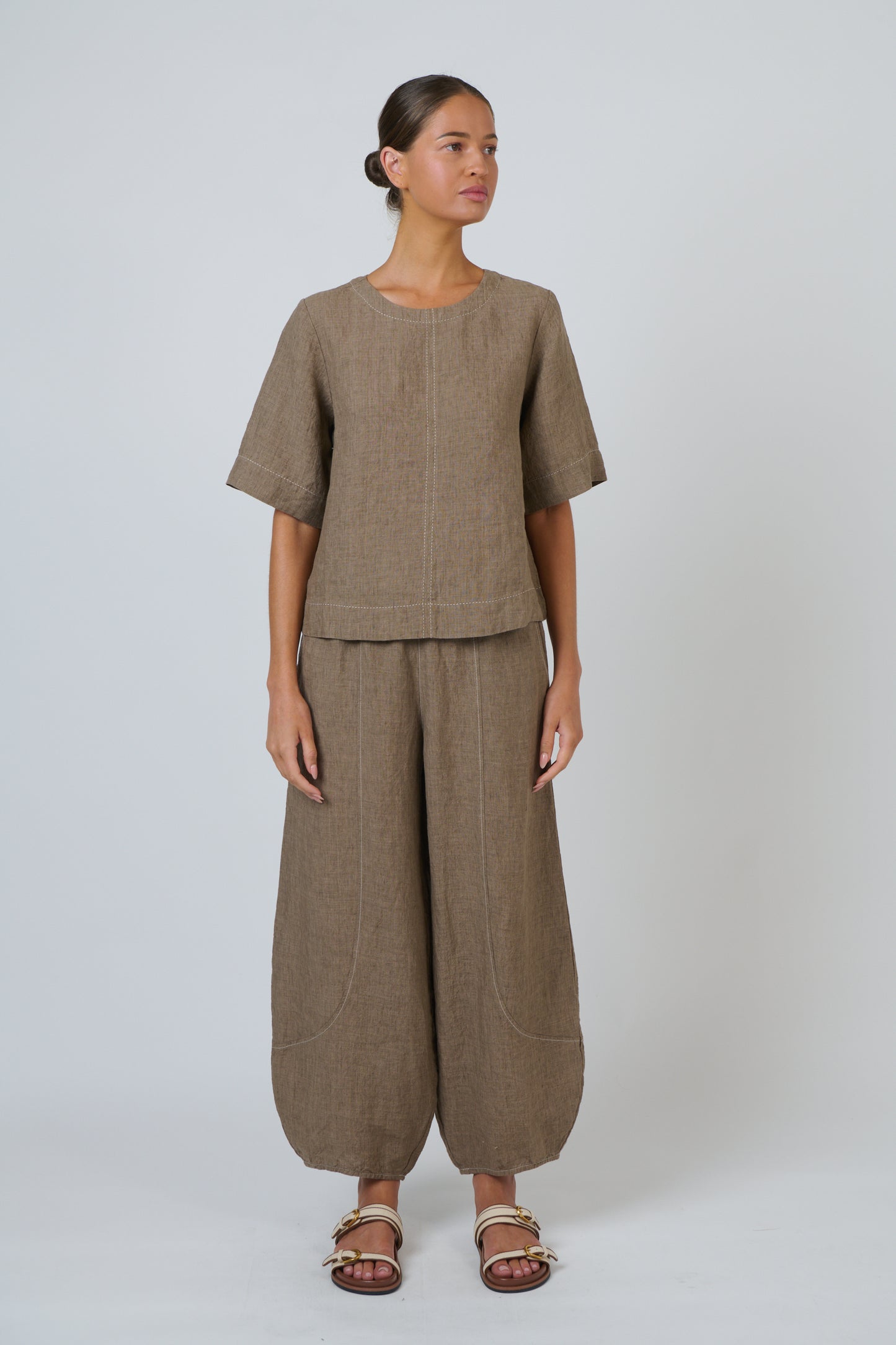 Contrast Topstitch Linen Top
