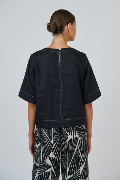 Contrast Topstitch Linen Top