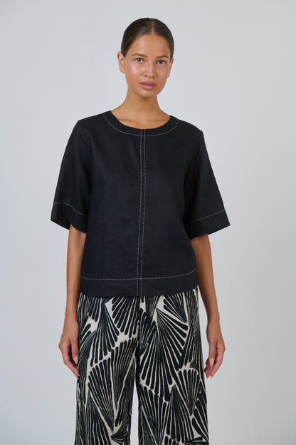 Contrast Topstitch Linen Top