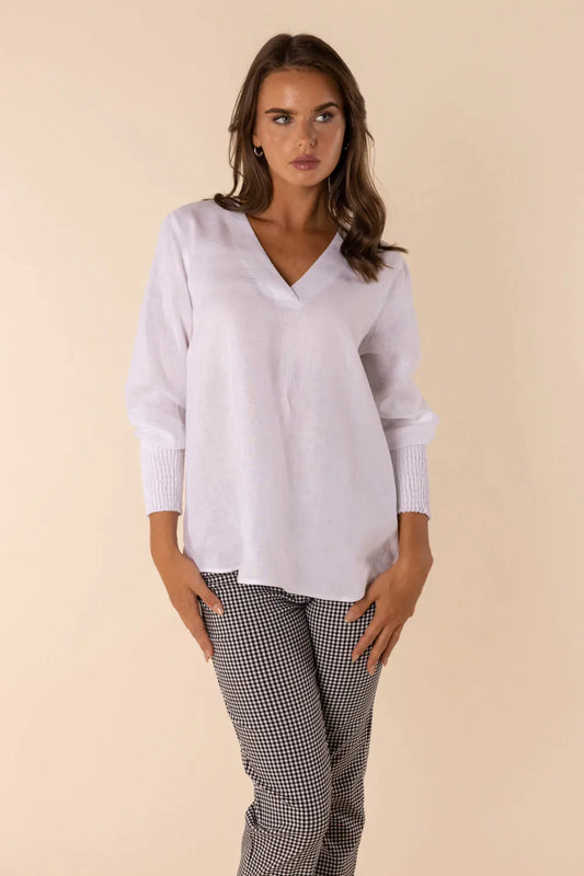 Shirred Sleeve V Neck Top