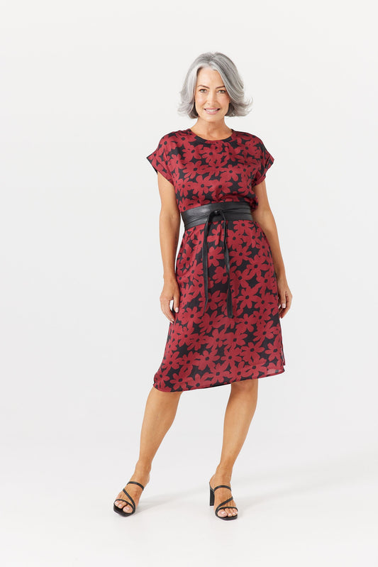 Cassidy Black Belt Red Dress with Prints